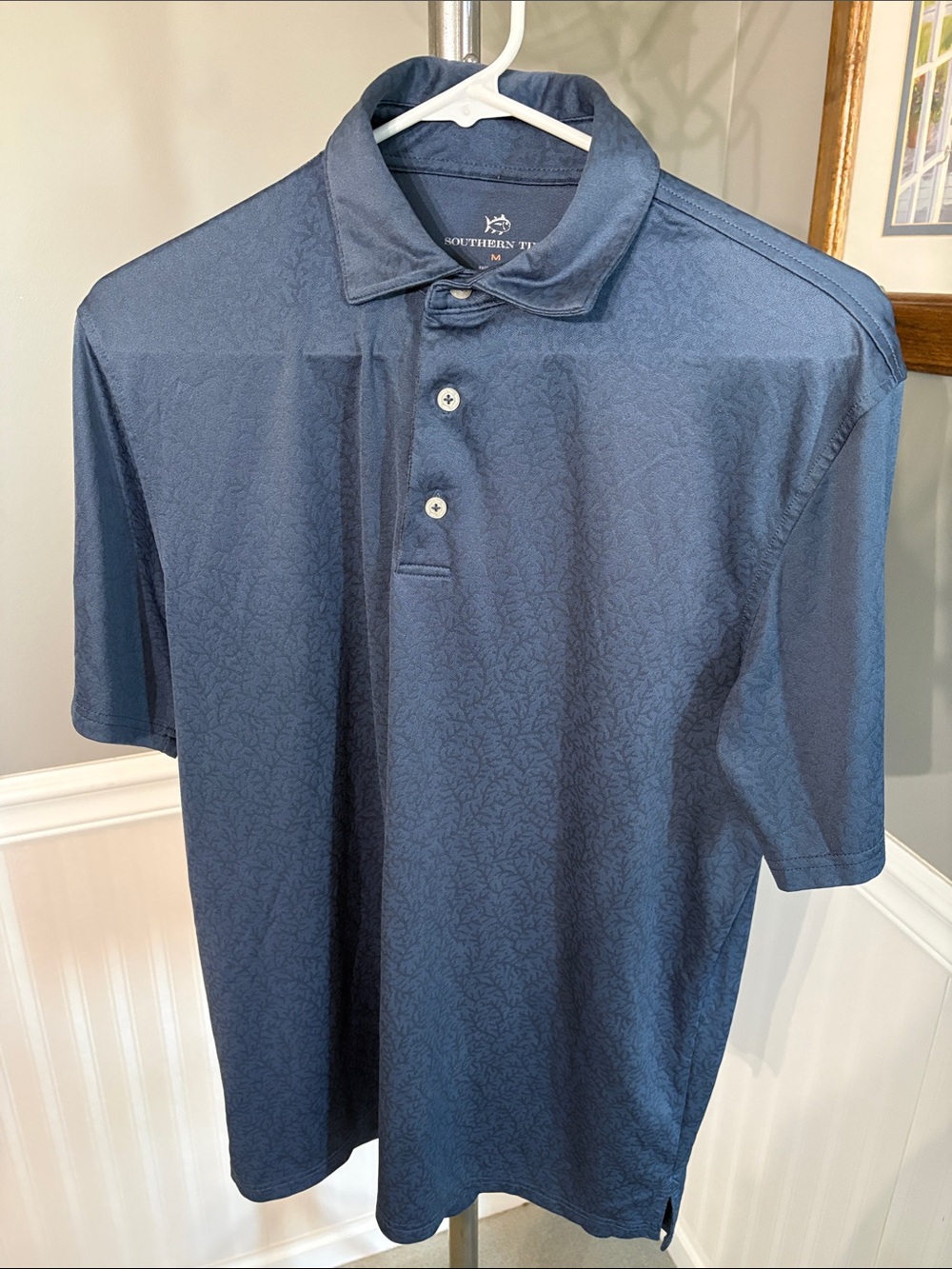 Southern Tide Navy Subtle Leaf-Pattern Polo